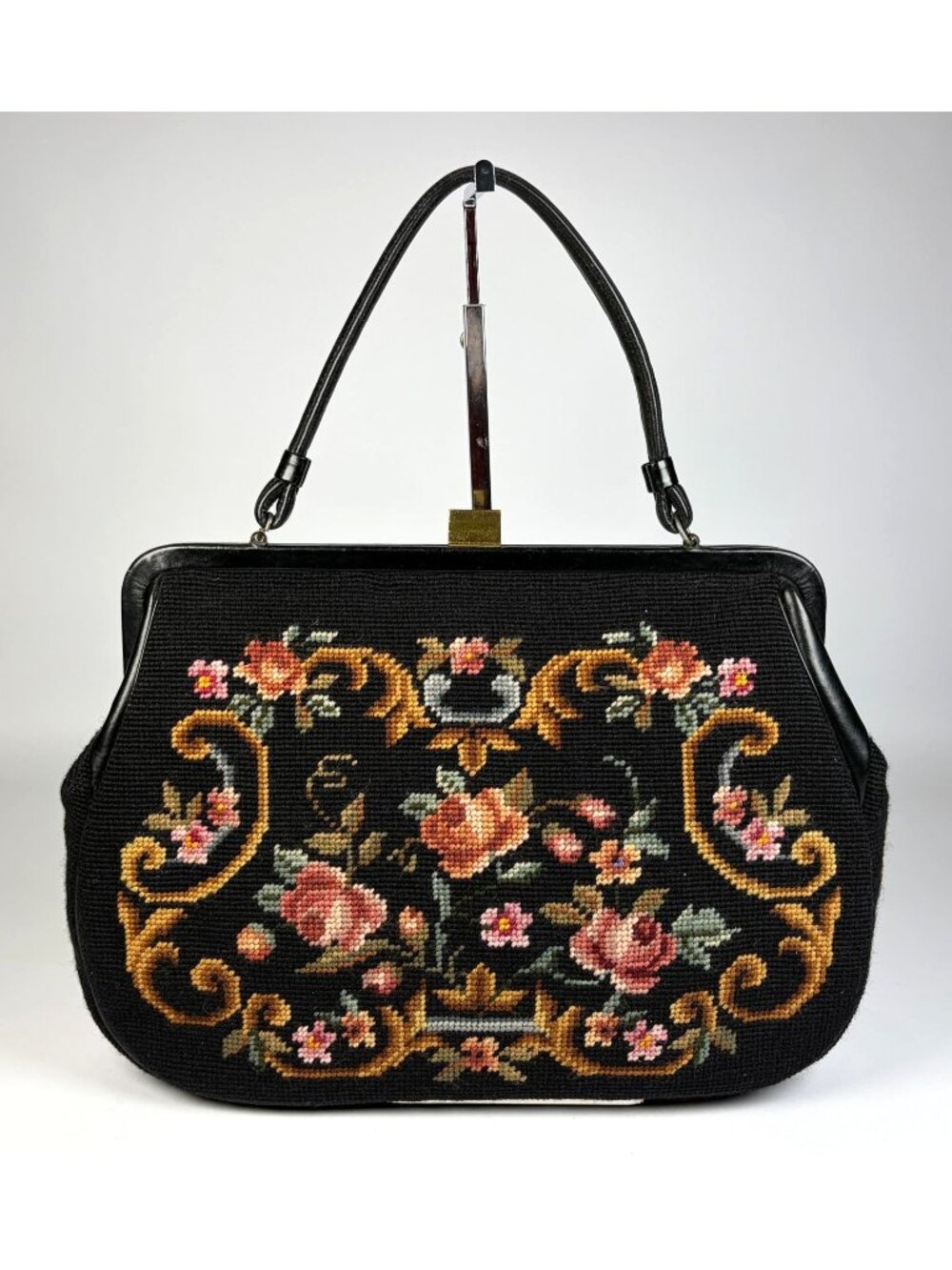Vintage Wool Needlepoint Floral Purse Handbag Leather Handle Brass Clasp